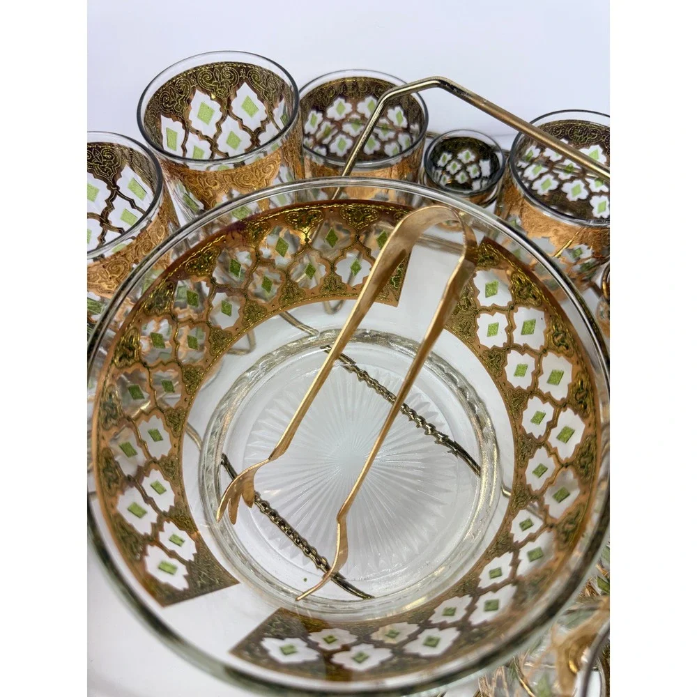 Rare Vintage Culver Valencia 22K Gold Barware Set 17-Piece Glasses Caddy MCM